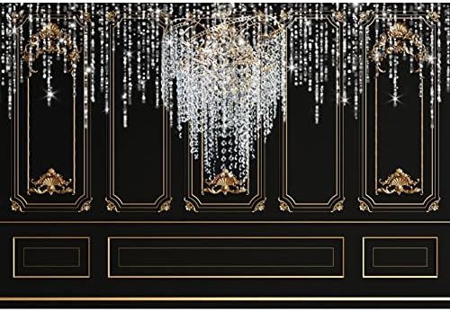 Luxus Fotó Hátteret, 8 x 6 ft Csillogó Ezüst Kristály Csillár Európai Stílusú Retro Fekete Fal Vinil Háttér