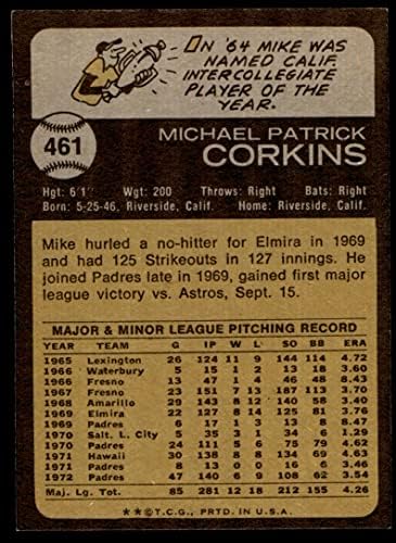 1973 Topps 461 Mike Corkins San Diego Padres (Baseball Kártya) NM/MT+ Padres